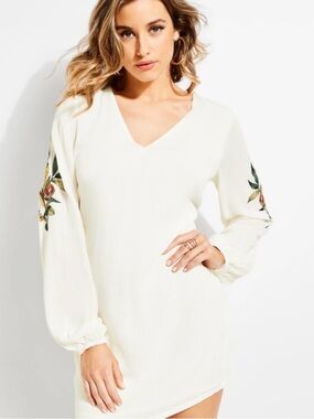 Guess White V-Neck Mini Dress with Floral Sleeve Embroidery